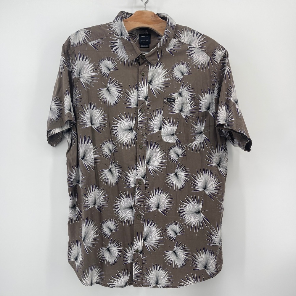 RVCA Mens XXL Slim Fit Short Sleeve Button Up Shirt Tropical Leaf Print Brown - Picture 7 of 11